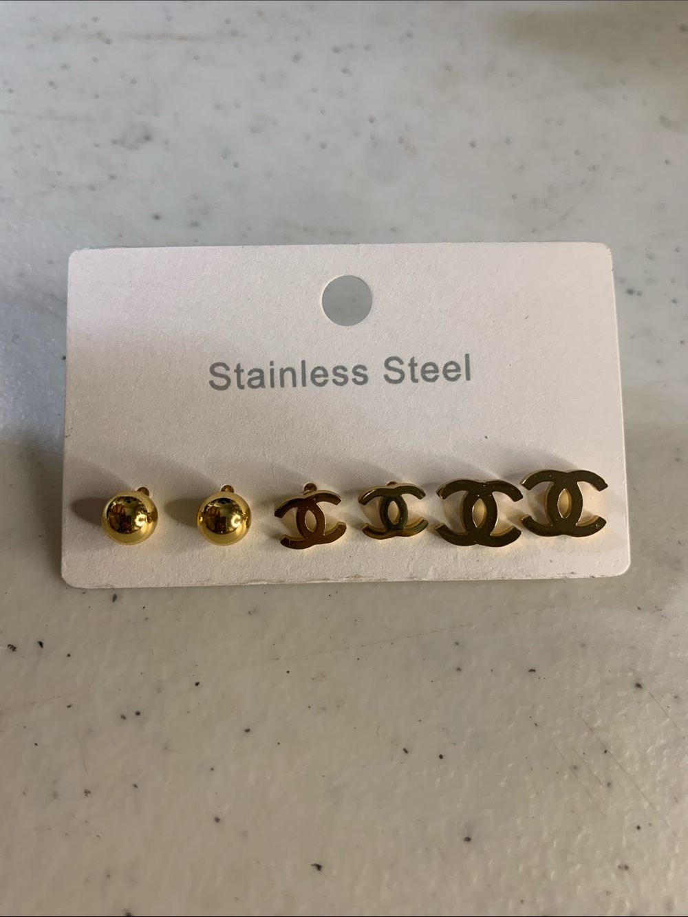 Fashion Jewelry Gold-Tone Logo and Ball Stud Stainless Steel Earring Set